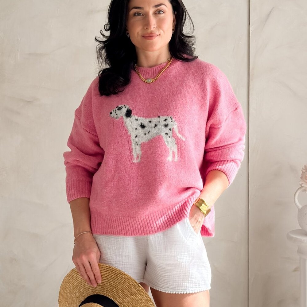 Women's Pink Dalmatian Graphic Sweater – Dog Knit Pullover